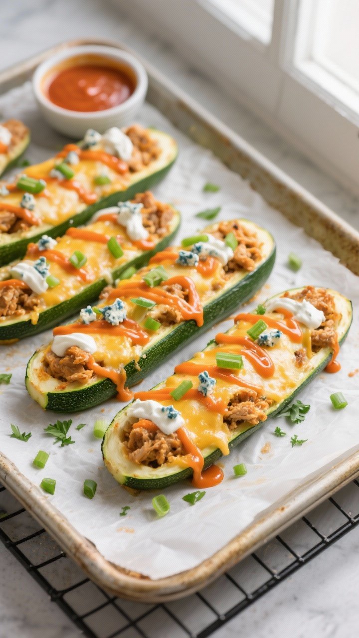 Overhead shot of Buffalo Chicken Zucchini Boats just out of the oven on a parchment-lined baking she
