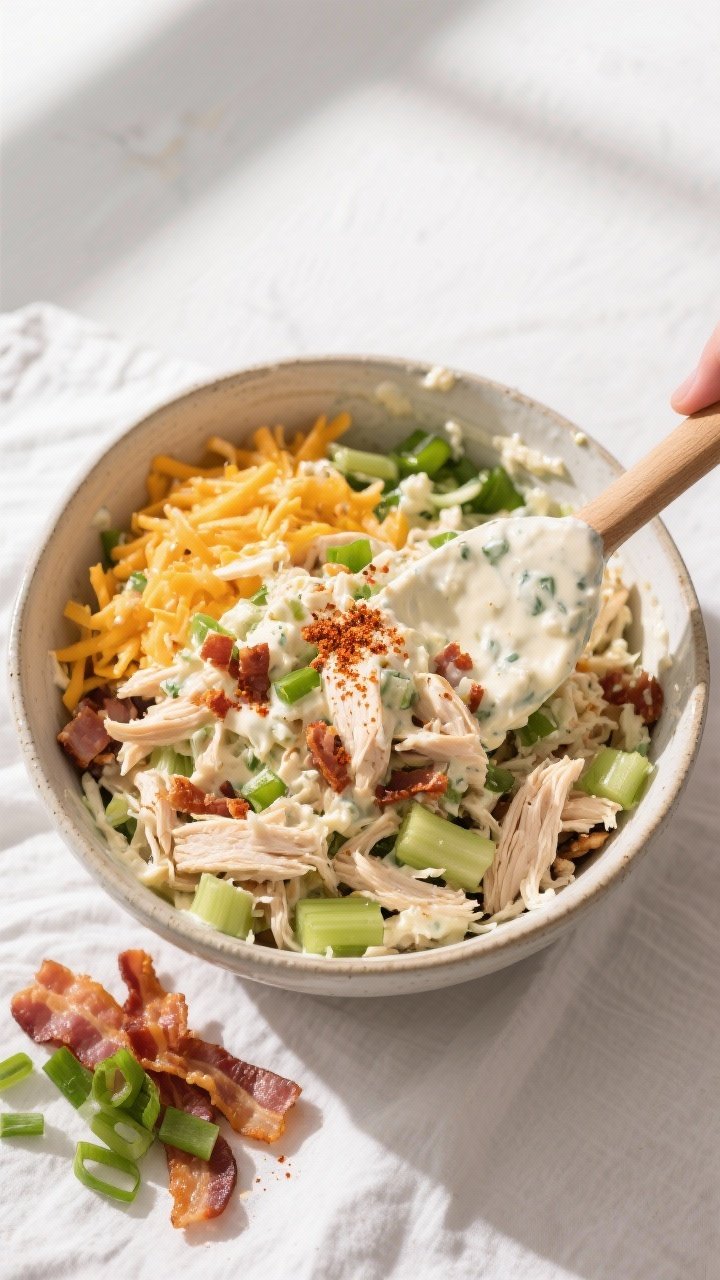 Overhead shot of Crack Chicken Low Carb Chicken Salad being mixed in a large ceramic bowl: creamy ra