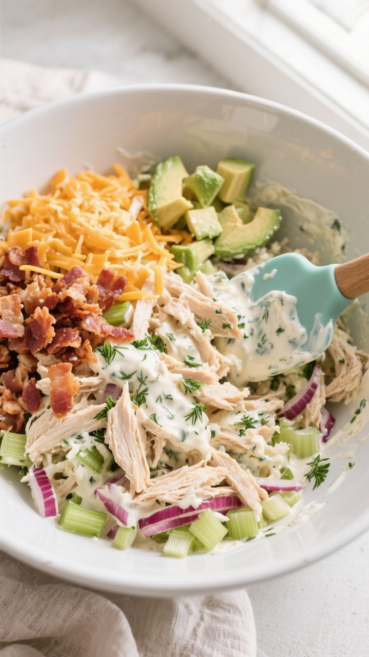Overhead shot of Loaded Ranch Low Carb Chicken Salad being folded together in a large matte-white mi