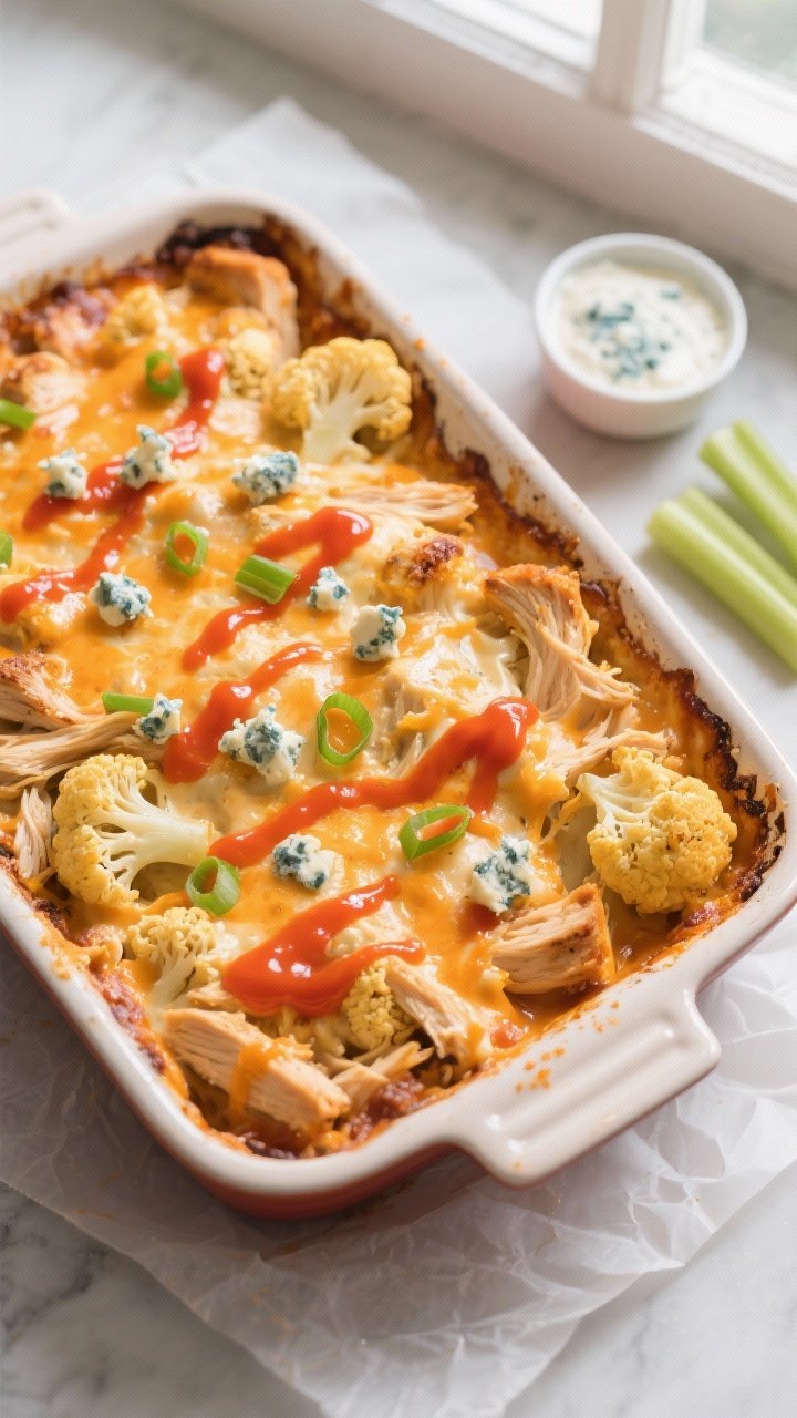 Overhead shot of the baked Buffalo Chicken Cauliflower Casserole just out of the oven in a 9x13 cera