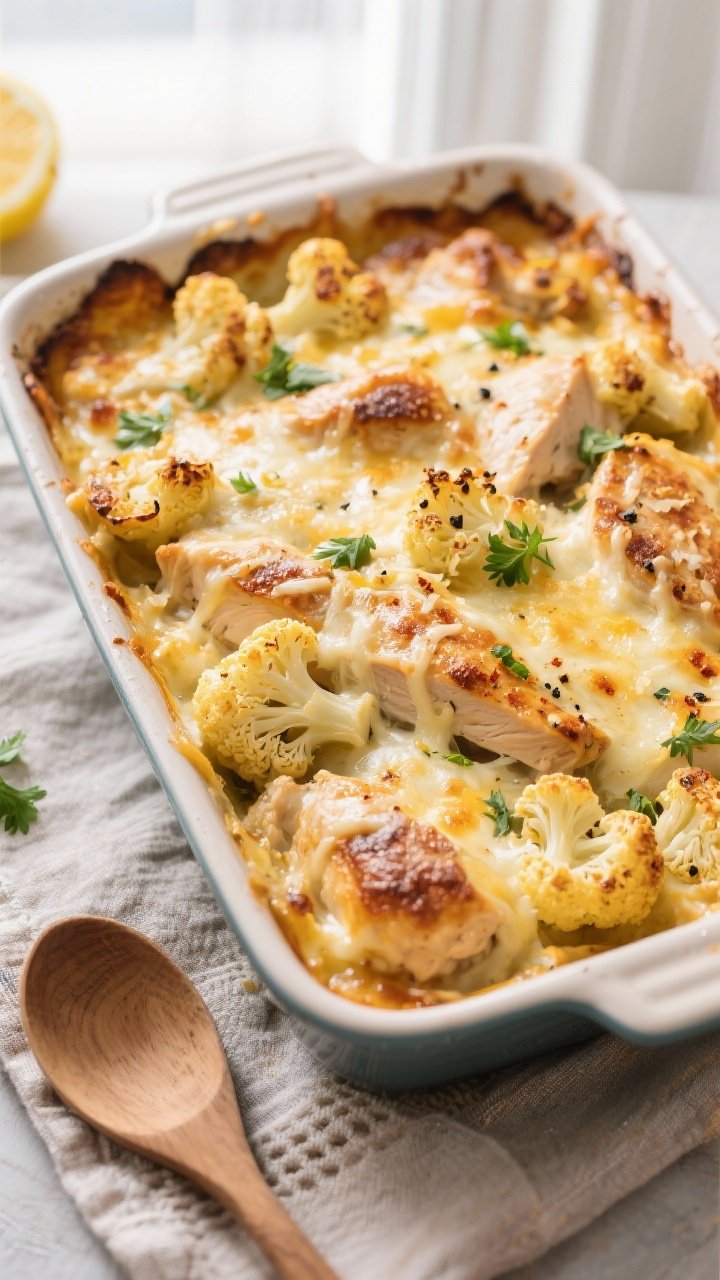 Overhead shot of the baked Garlic Butter Chicken & Cauliflower Casserole just out of the oven: golde