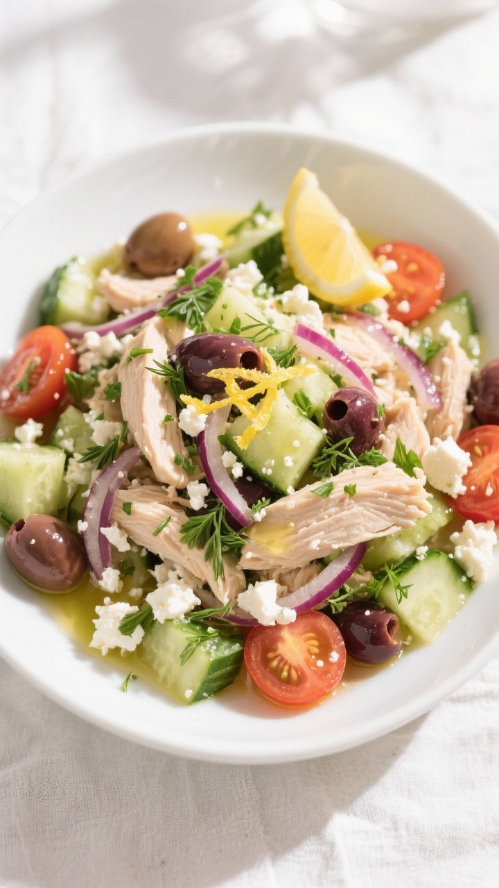 Overhead shot of the finished Feta Cucumber Low Carb Chicken Salad in a wide, shallow white bowl: ju