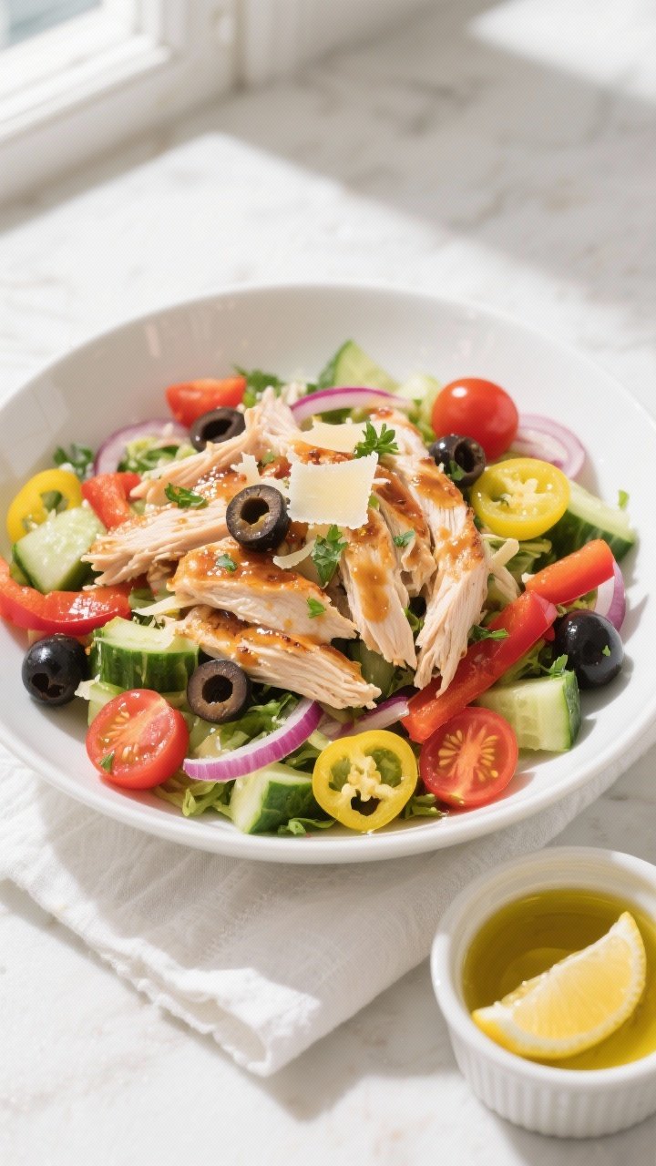 Overhead shot of the finished Zesty Italian Low Carb Chicken Salad tossed in a wide, shallow white b