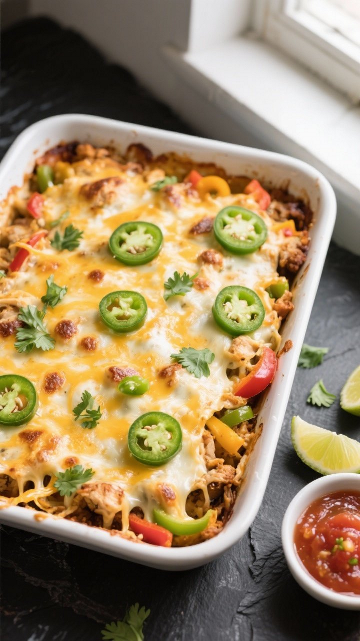 Overhead shot of the Keto Chicken Taco Casserole just out of the oven, edges visibly bubbling with l
