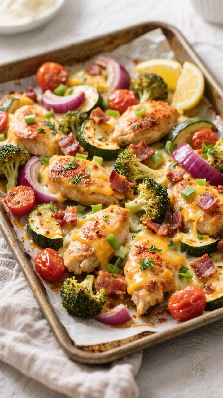 Overhead shot of the Loaded Chicken & Veggie Bake just out of the oven on a parchment-lined sheet pa