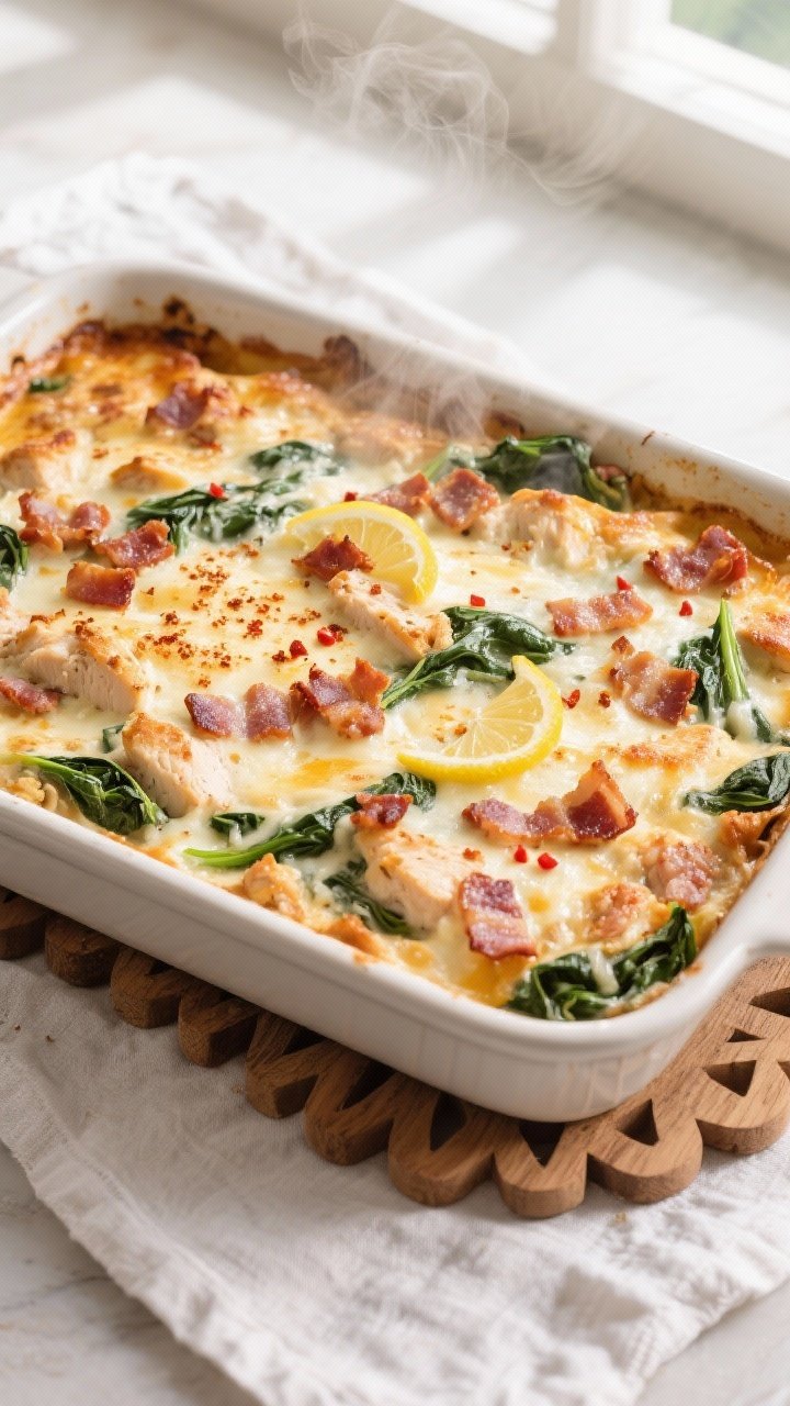 Overhead shot of the Low-Carb Chicken Bacon Spinach Casserole just out of the oven in a 9x13 baking