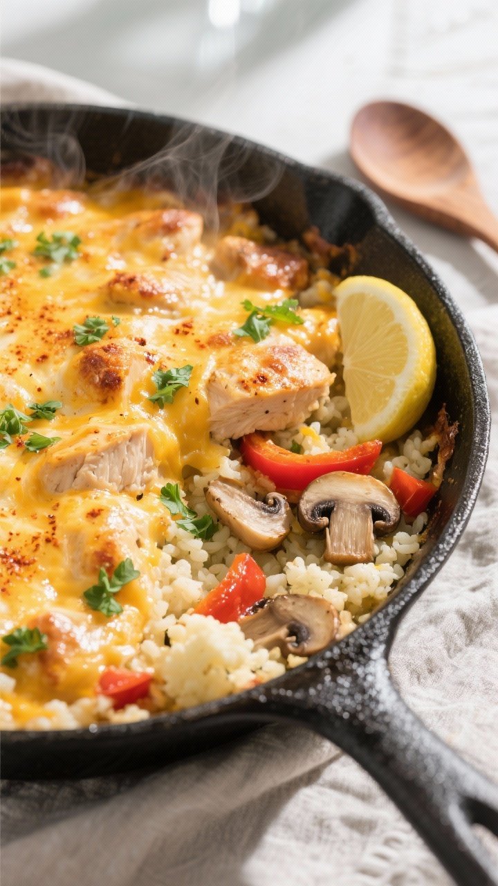 Overhead shot of the one-pan chicken and cauliflower rice casserole just out of the oven in a black 
