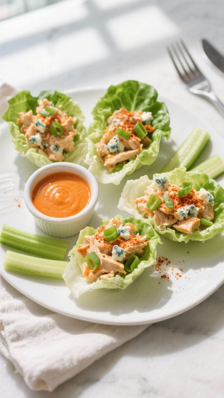 Tasty top-down final presentation: Overhead shot of Buffalo Ranch low-carb chicken salad nestled in 