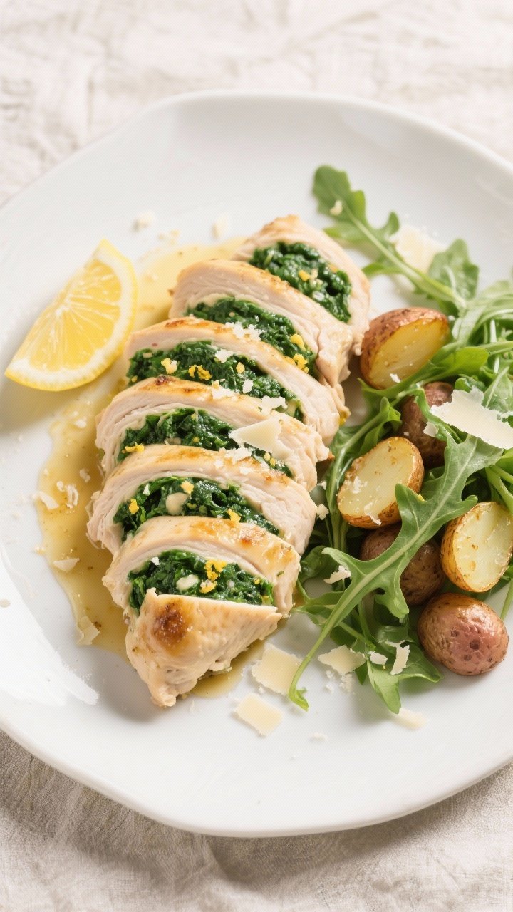 Tasty top-view final plate: Overhead shot of sliced spinach stuffed chicken breast fanned on a matte