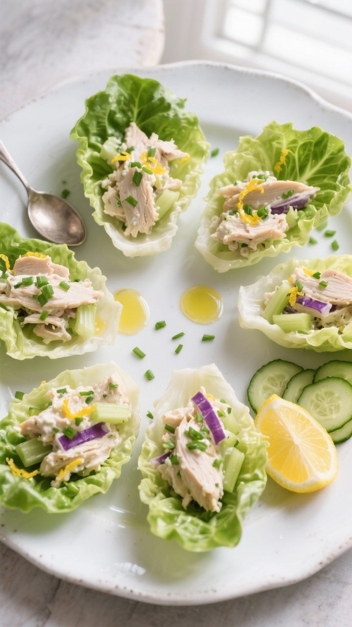 Tasty top view final presentation: Overhead shot of chicken salad spooned into crisp romaine lettuce