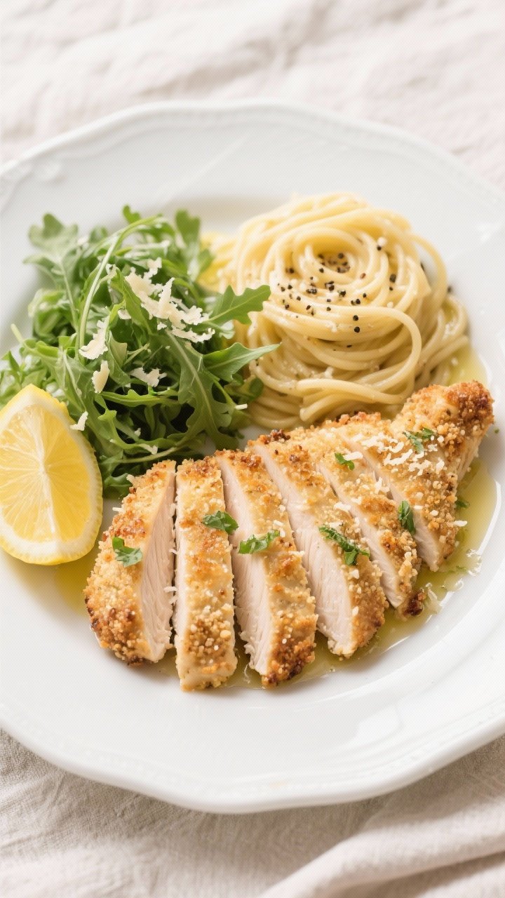 Tasty top view: Overhead shot of a beautifully plated Parmesan crusted chicken breast sliced into ju