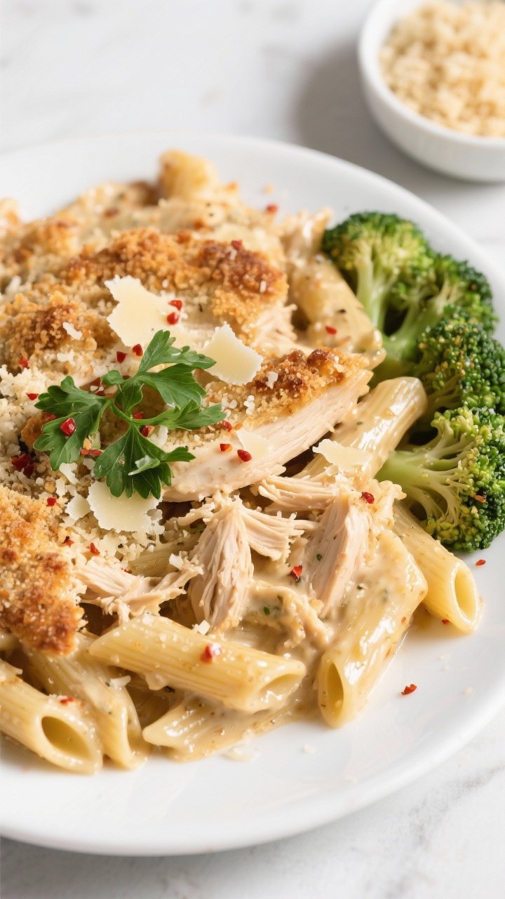 Tasty top view: Overhead shot of a plated serving of Garlic Parmesan Chicken Casserole—short pasta
