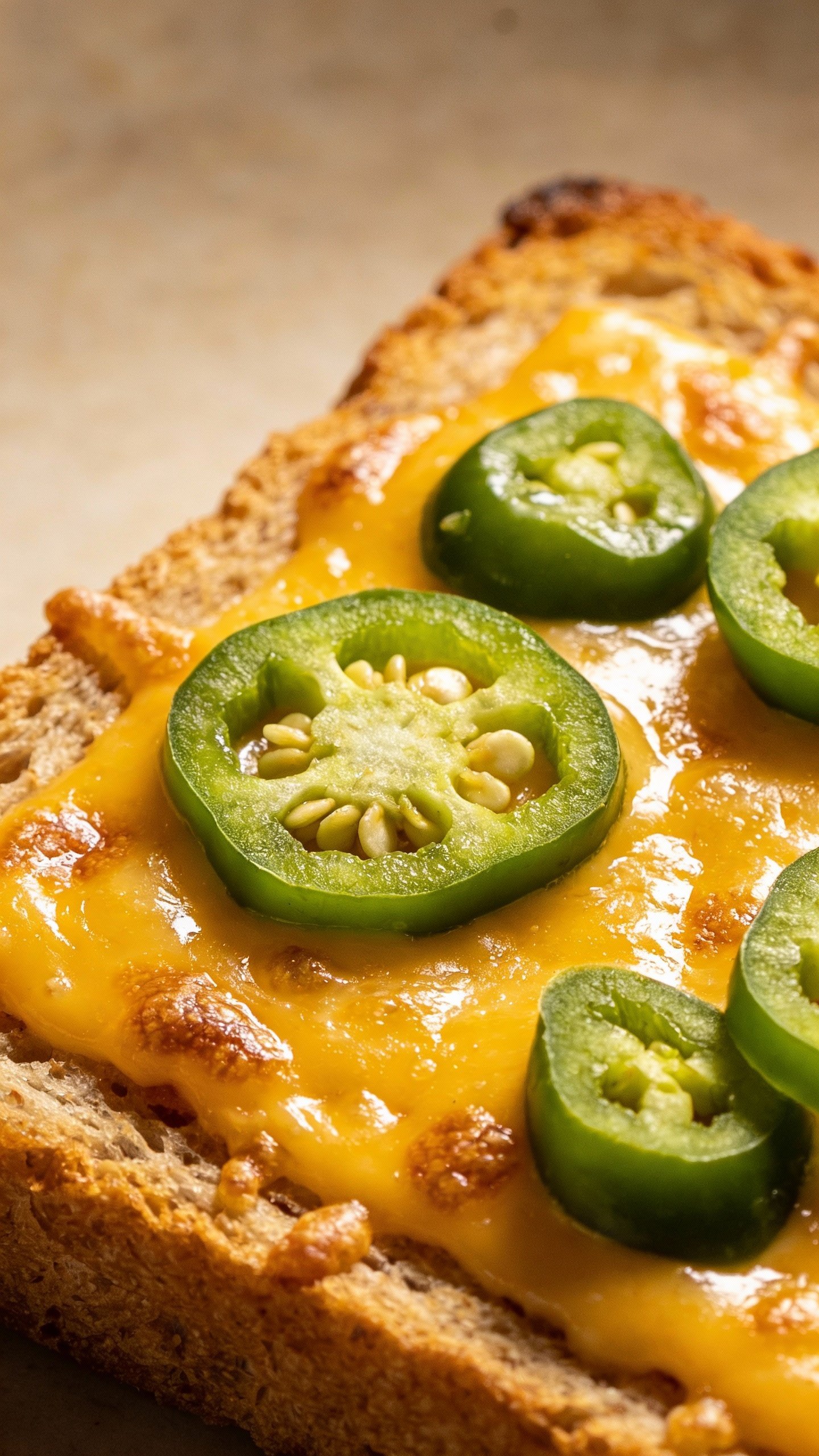 melted cheddar-topped keto bread slice with jalapeño rounds