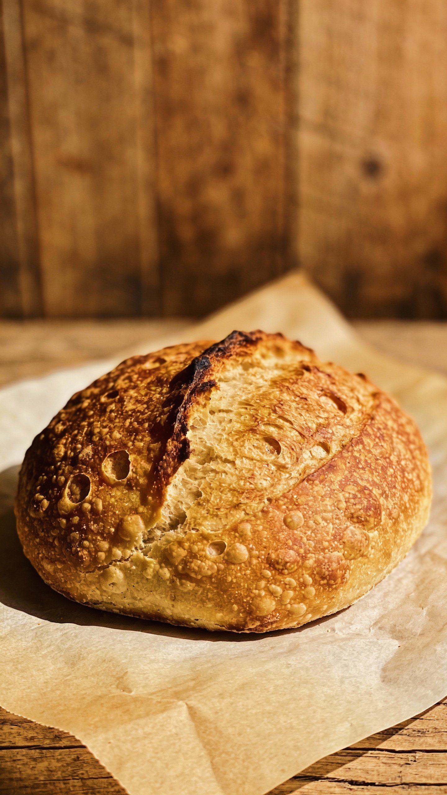 single keto sourdough boule, blistered crust, on parchment