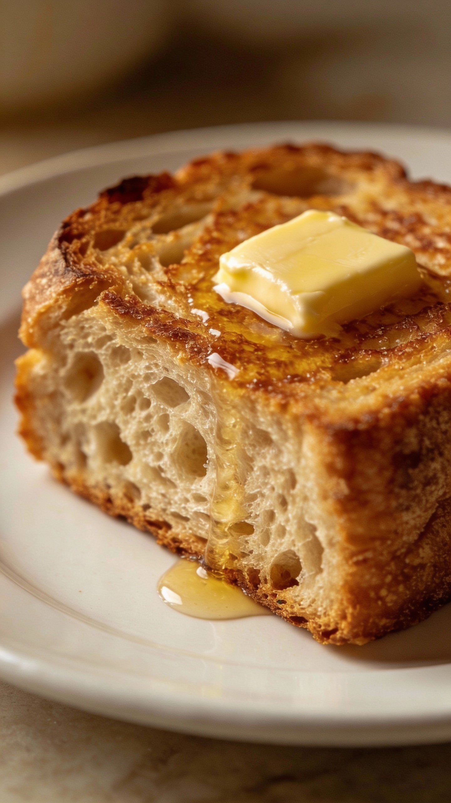 thick keto sourdough toast, butter melting, on white plate