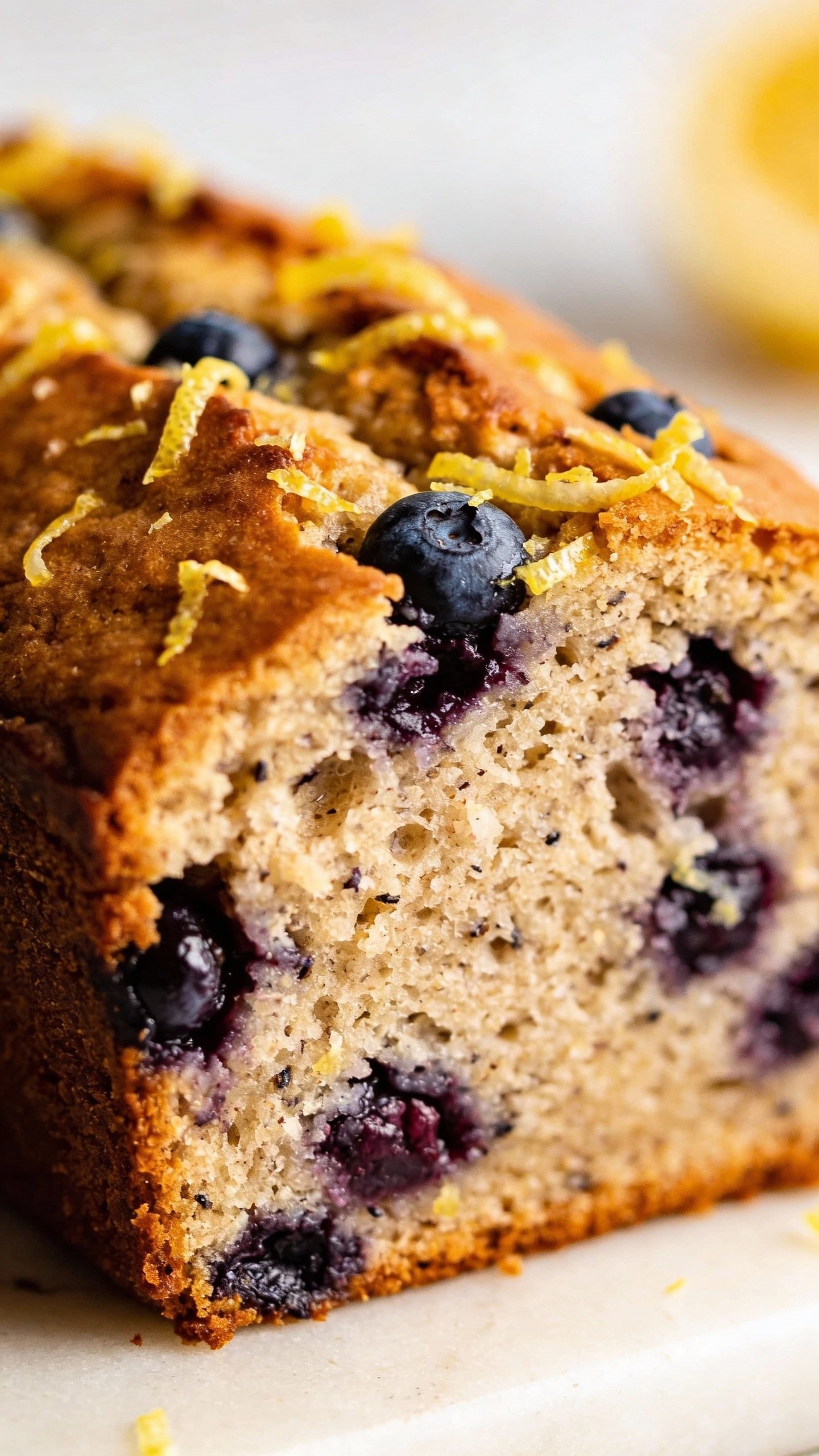 Closeup slice of keto blueberry loaf with lemon zest
