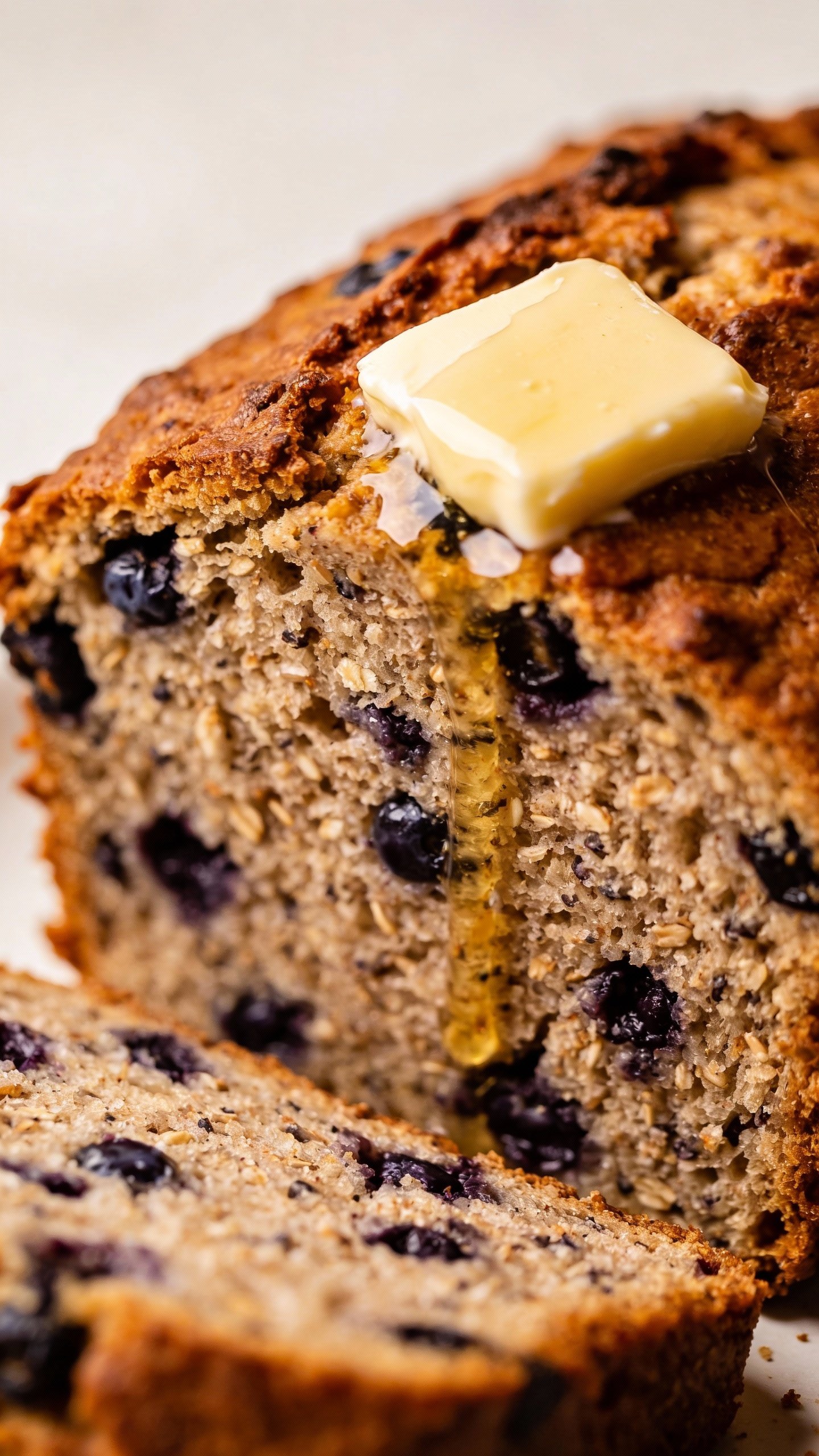 Thick toasted keto blueberry loaf slice with melting butter