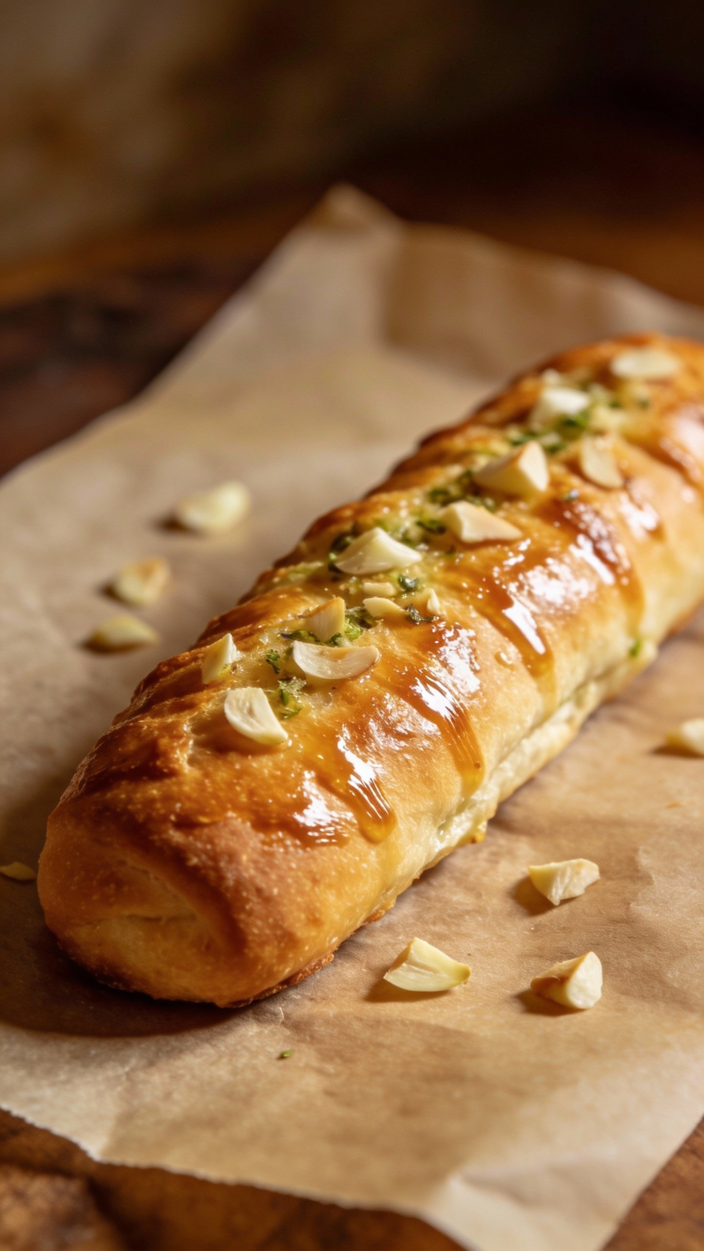 closeup keto garlic butter breadstick on parchment, brushed gloss