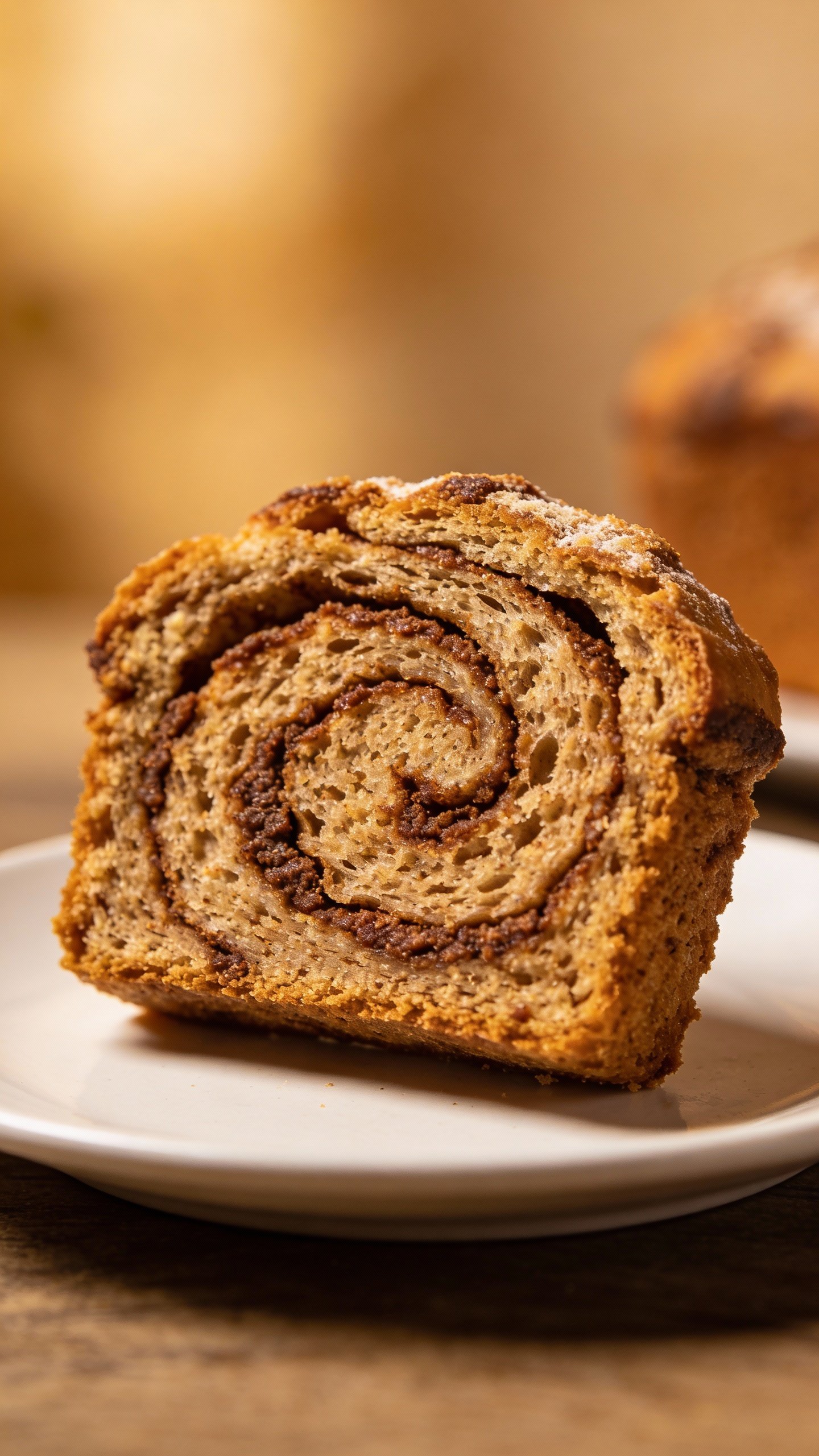 closeup slice of keto cinnamon swirl bread on white plate