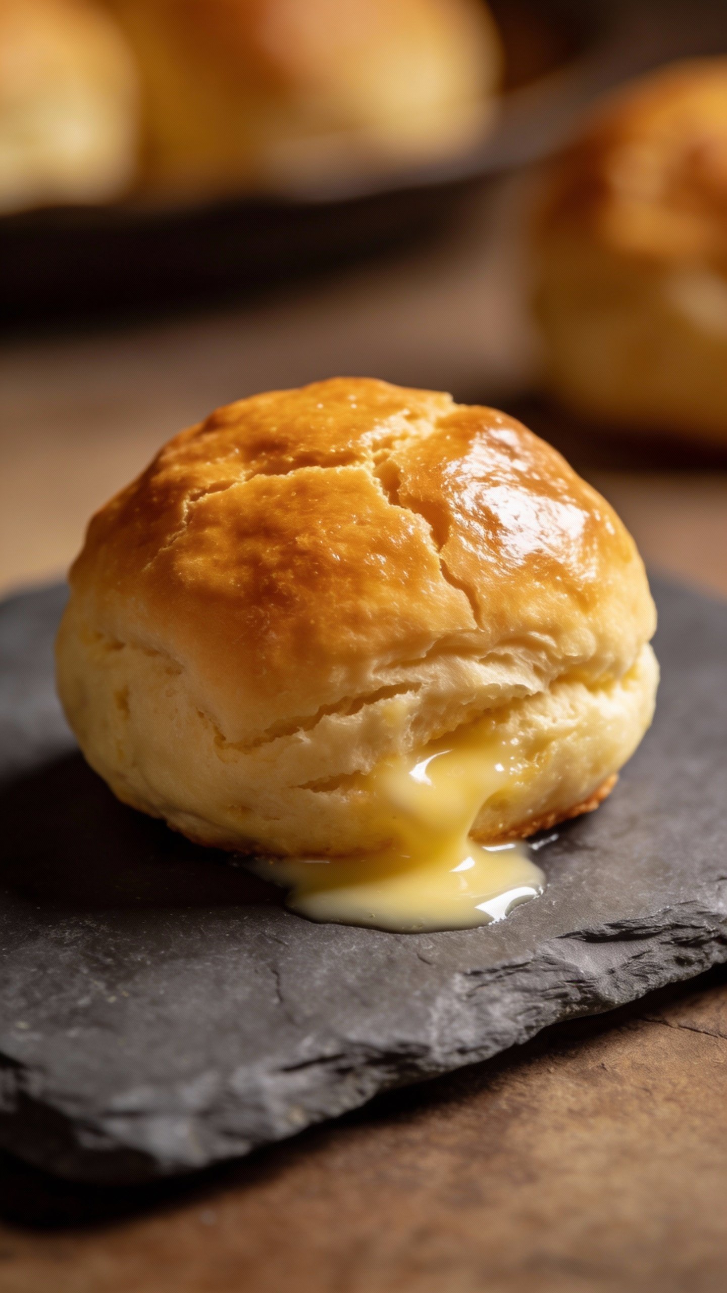 closeup of a single buttery keto dinner roll on slate