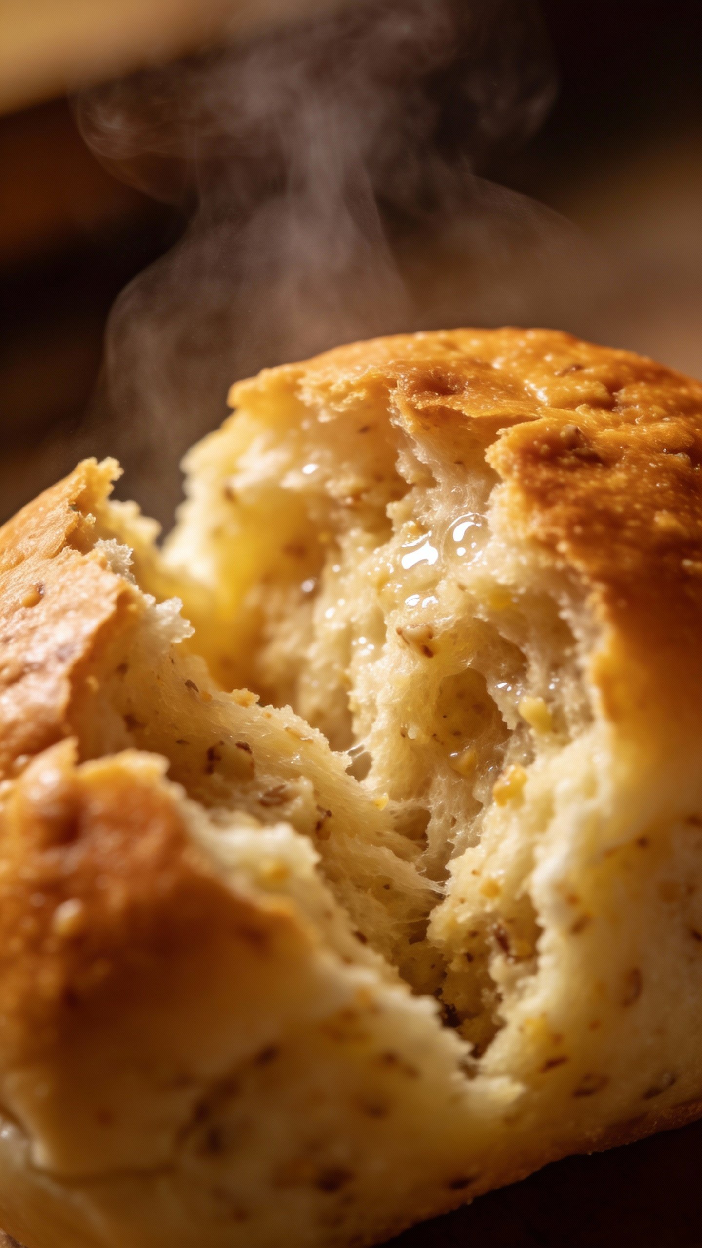 single keto dinner roll torn open, steam rising, macro shot