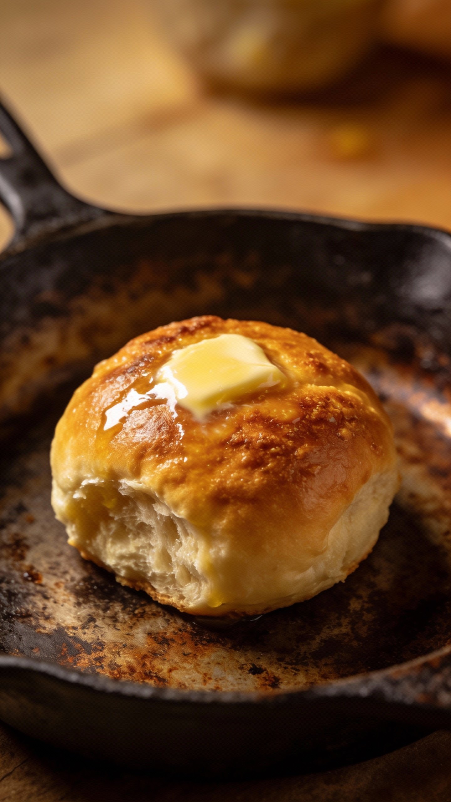 brushed-with-butter keto roll in cast iron, shallow focus