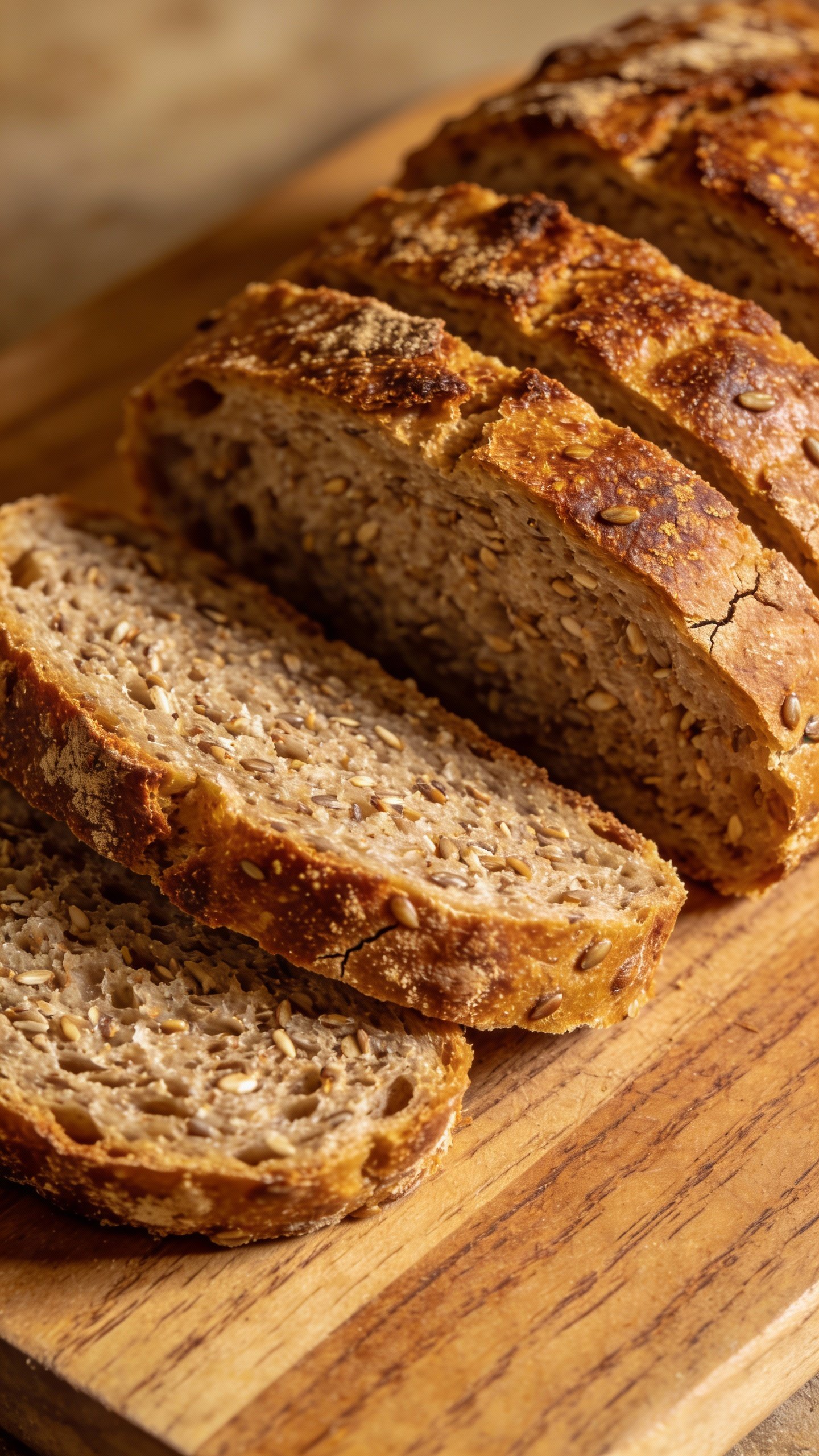 closeup of sliced crusty keto bread loaf on cutting board