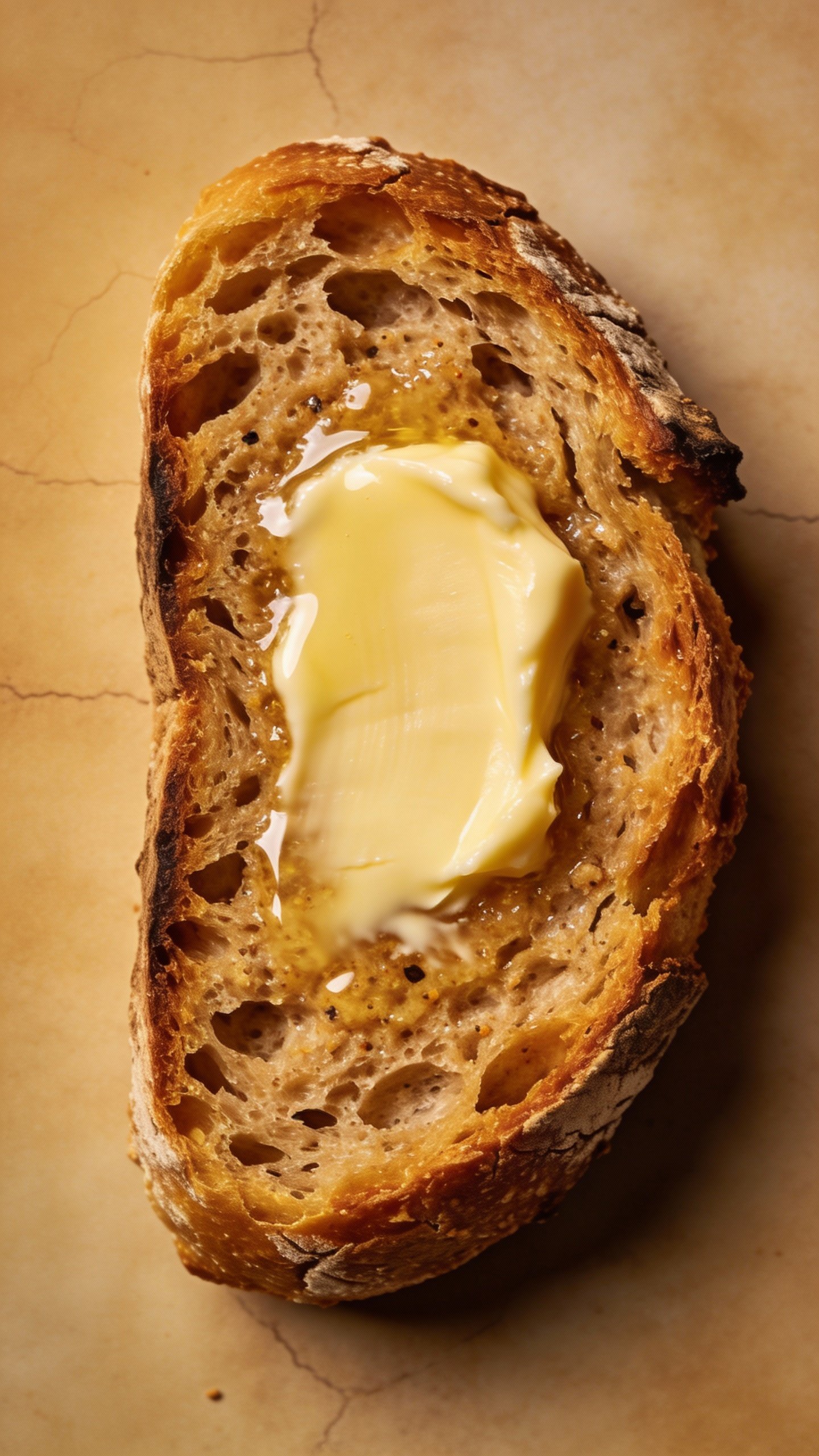 single artisan keto bread slice with crackly crust, buttered