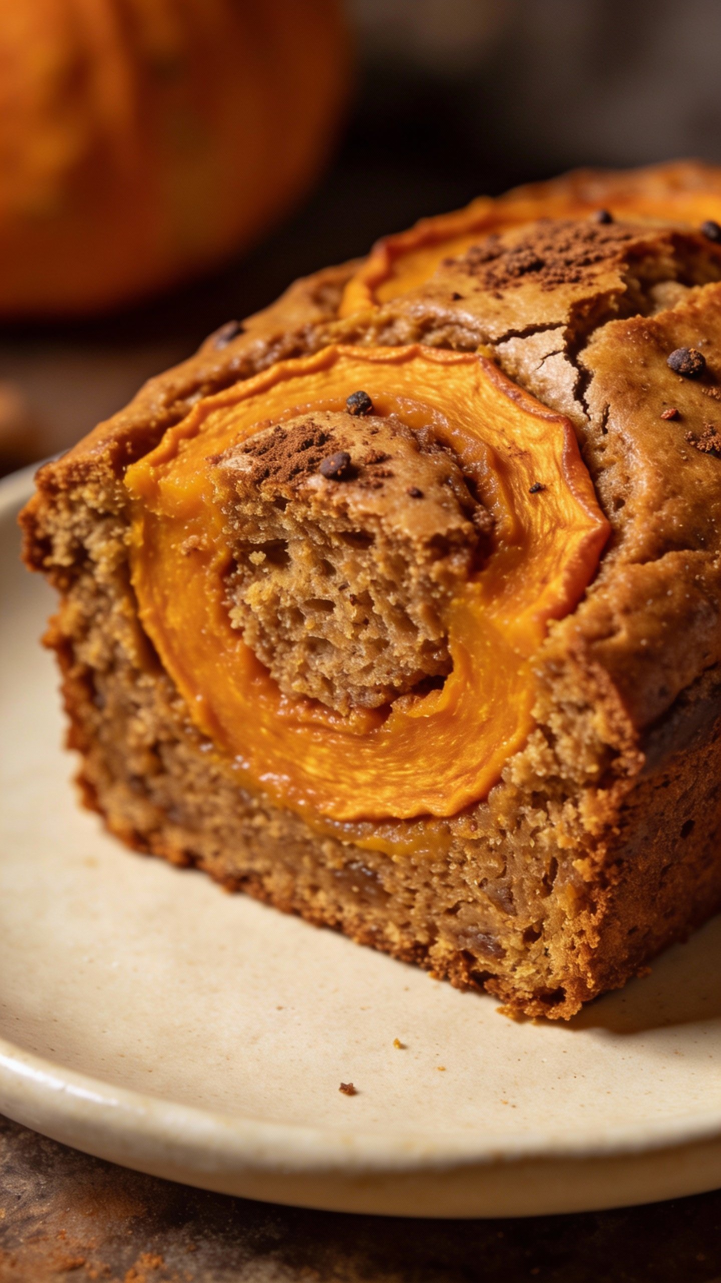 Closeup slice of keto pumpkin spice bread on matte plate