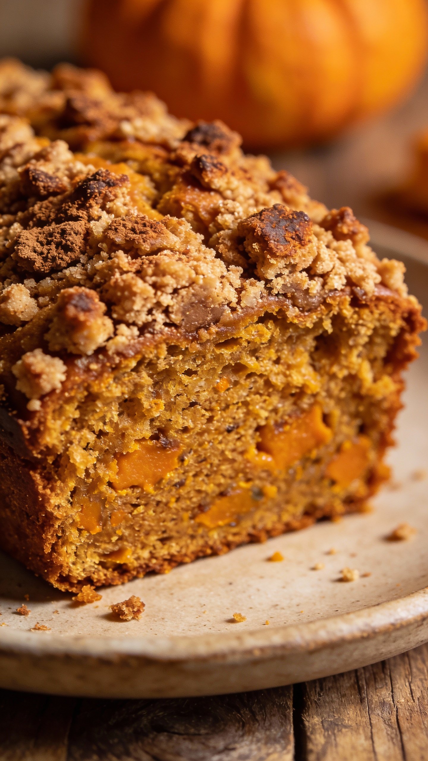 Overhead shot of keto pumpkin loaf with cinnamon crumb topping