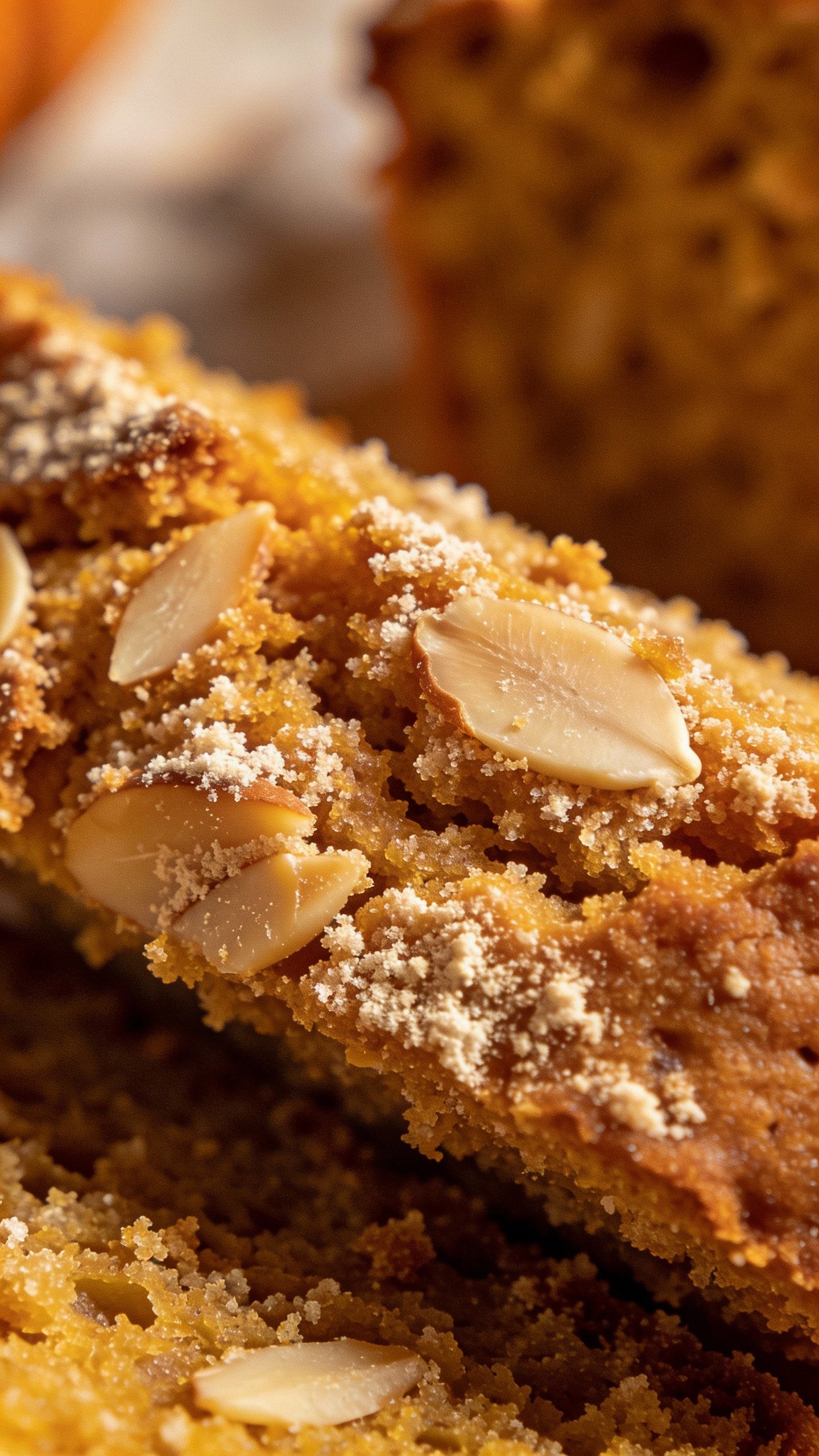 Macro of keto pumpkin bread crumb with visible almond flour texture
