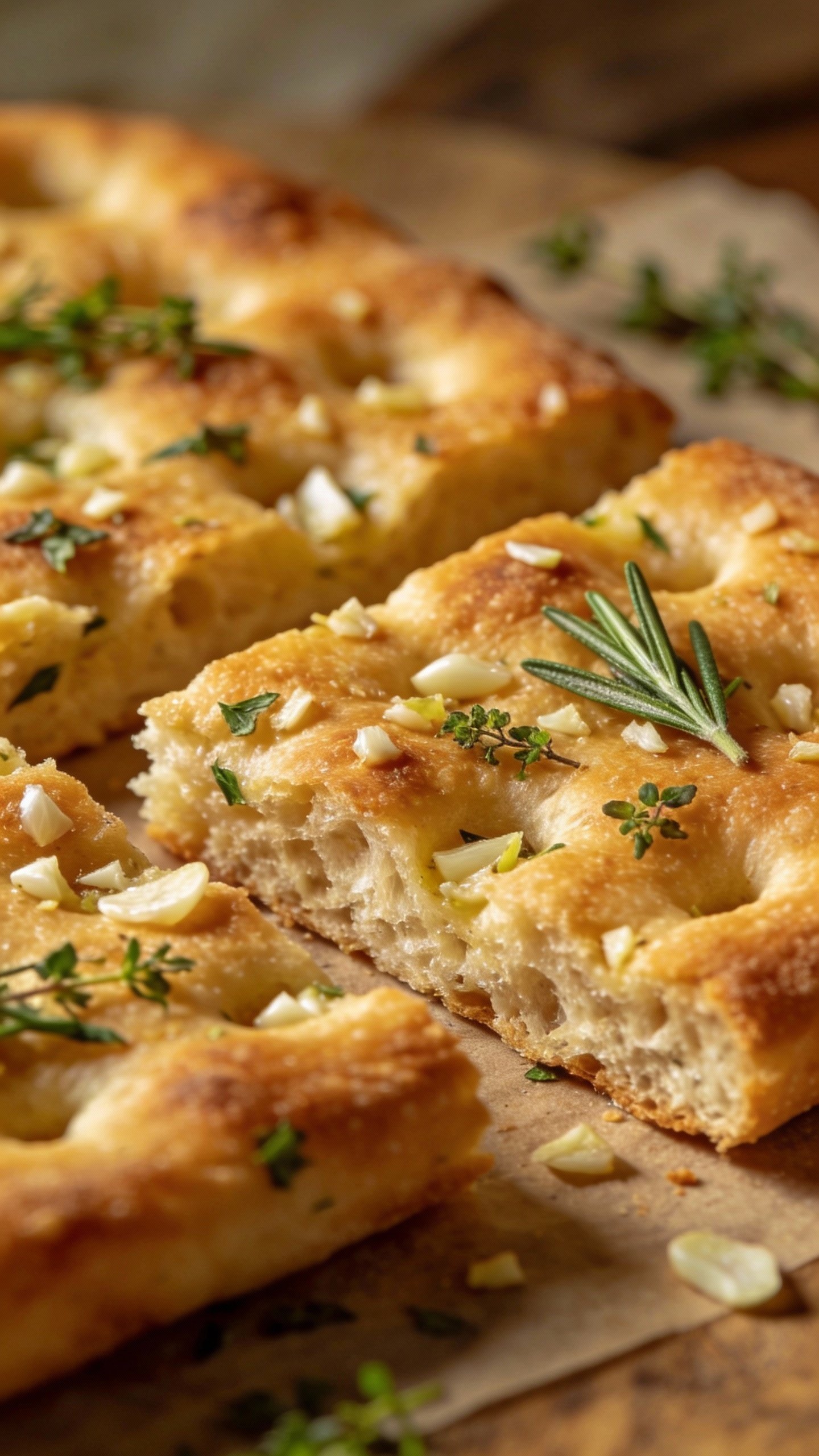 closeup of keto garlic herb focaccia slice, golden dimpled crust
