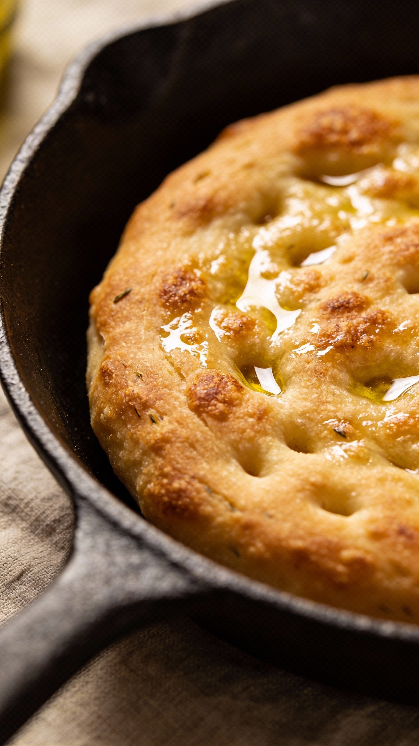 single cast-iron pan of keto focaccia, olive oil sheen