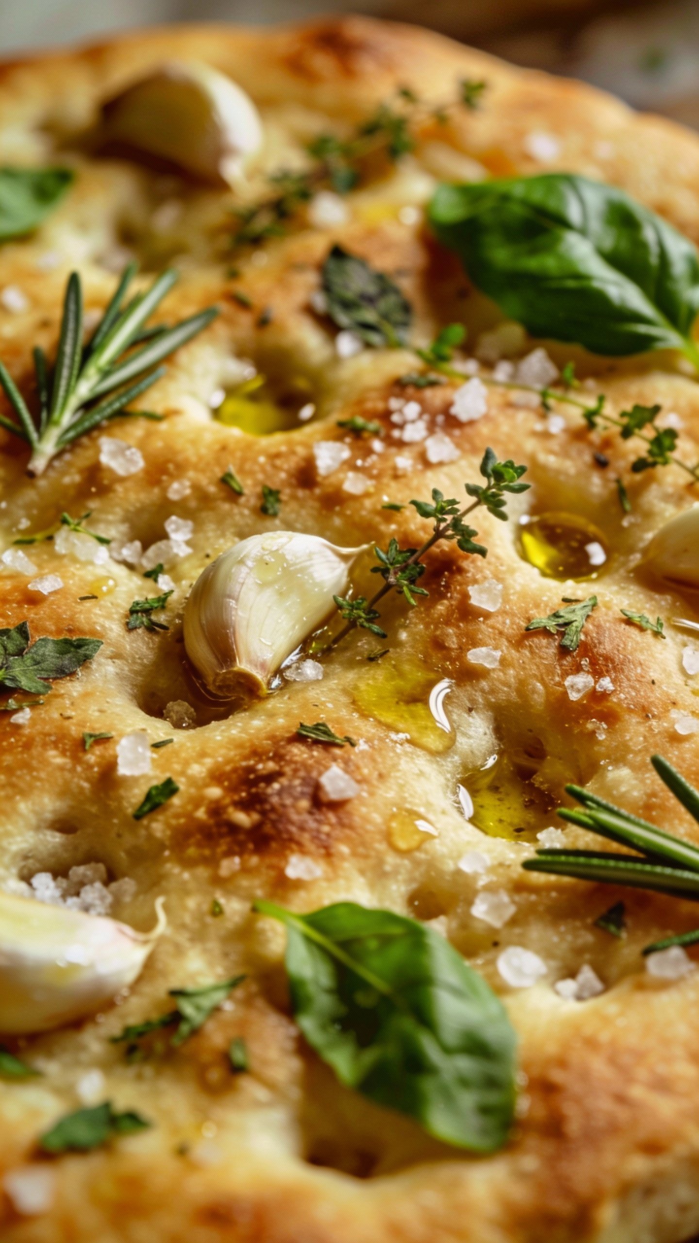 macro shot of garlic-herb topping on keto focaccia surface