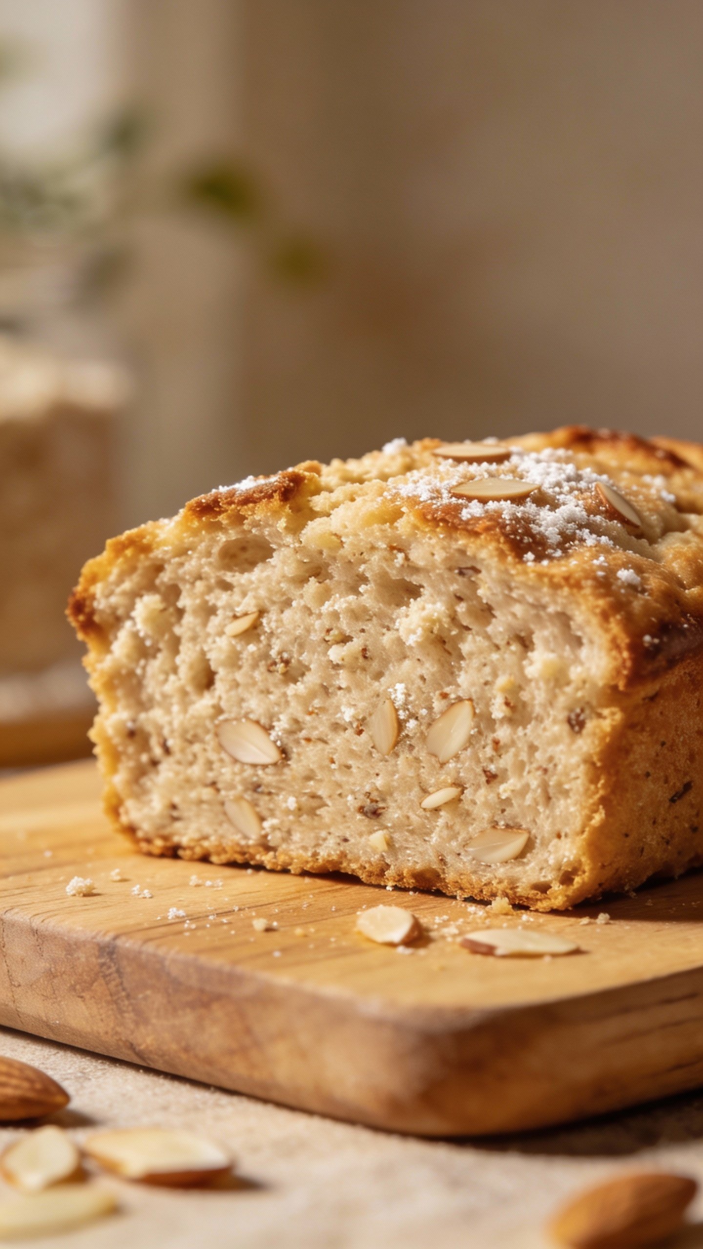 closeup slice of keto almond flour bread on cutting board