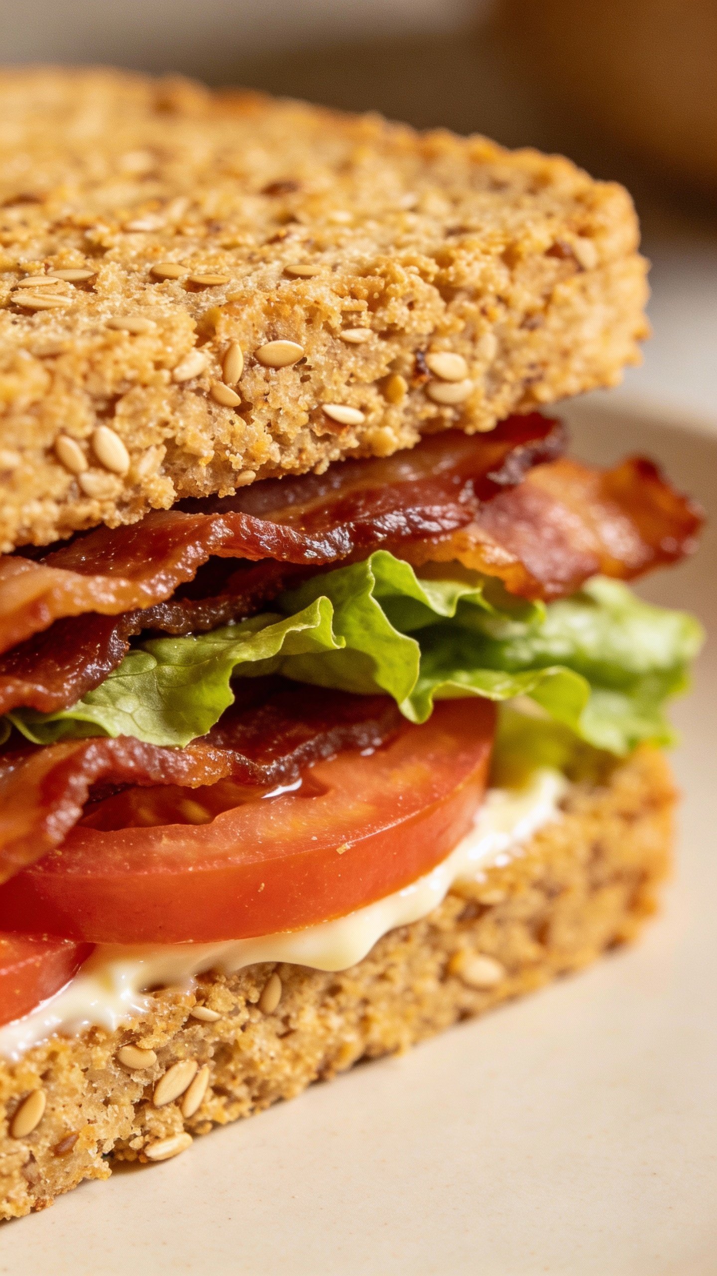single BLT on keto almond flour bread, tight closeup