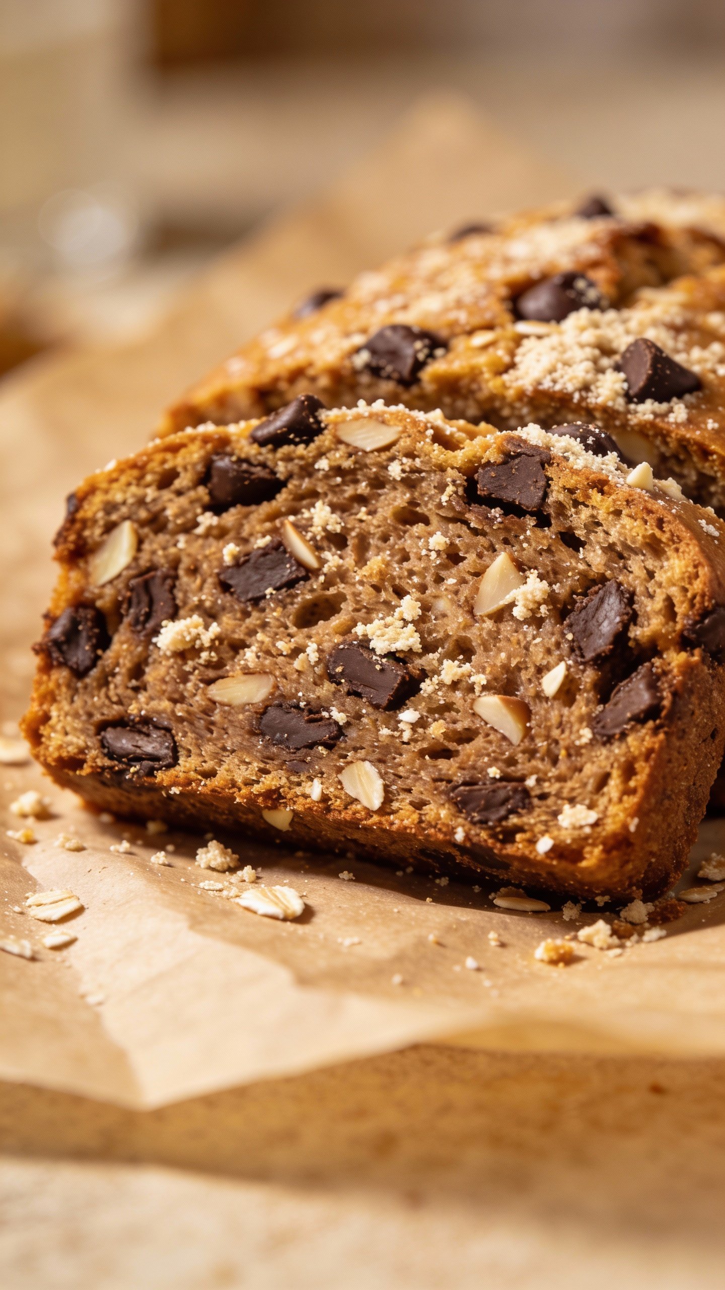 closeup slice of keto chocolate chip bread on parchment