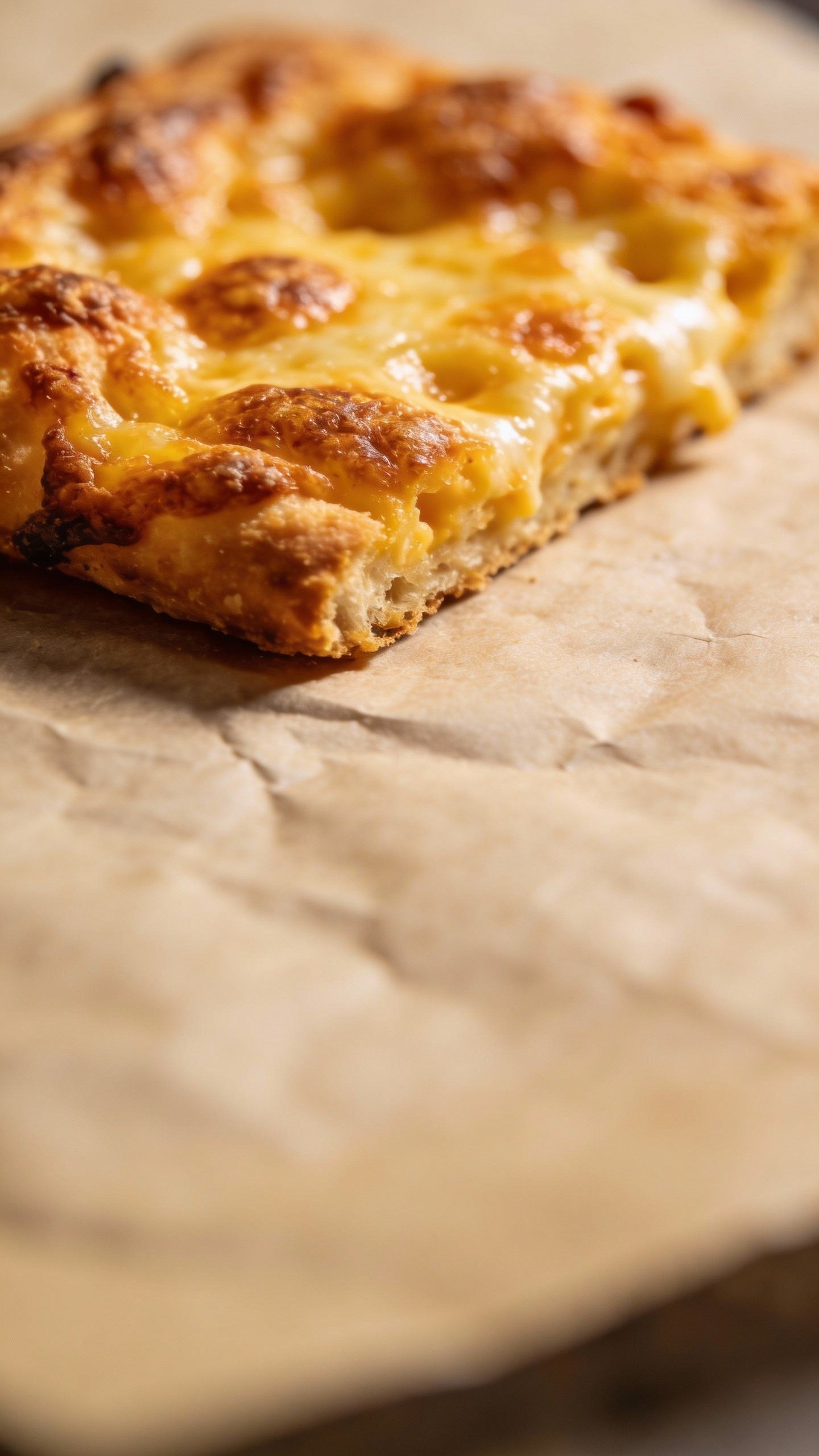 closeup of crispy keto cheese bread slice on parchment