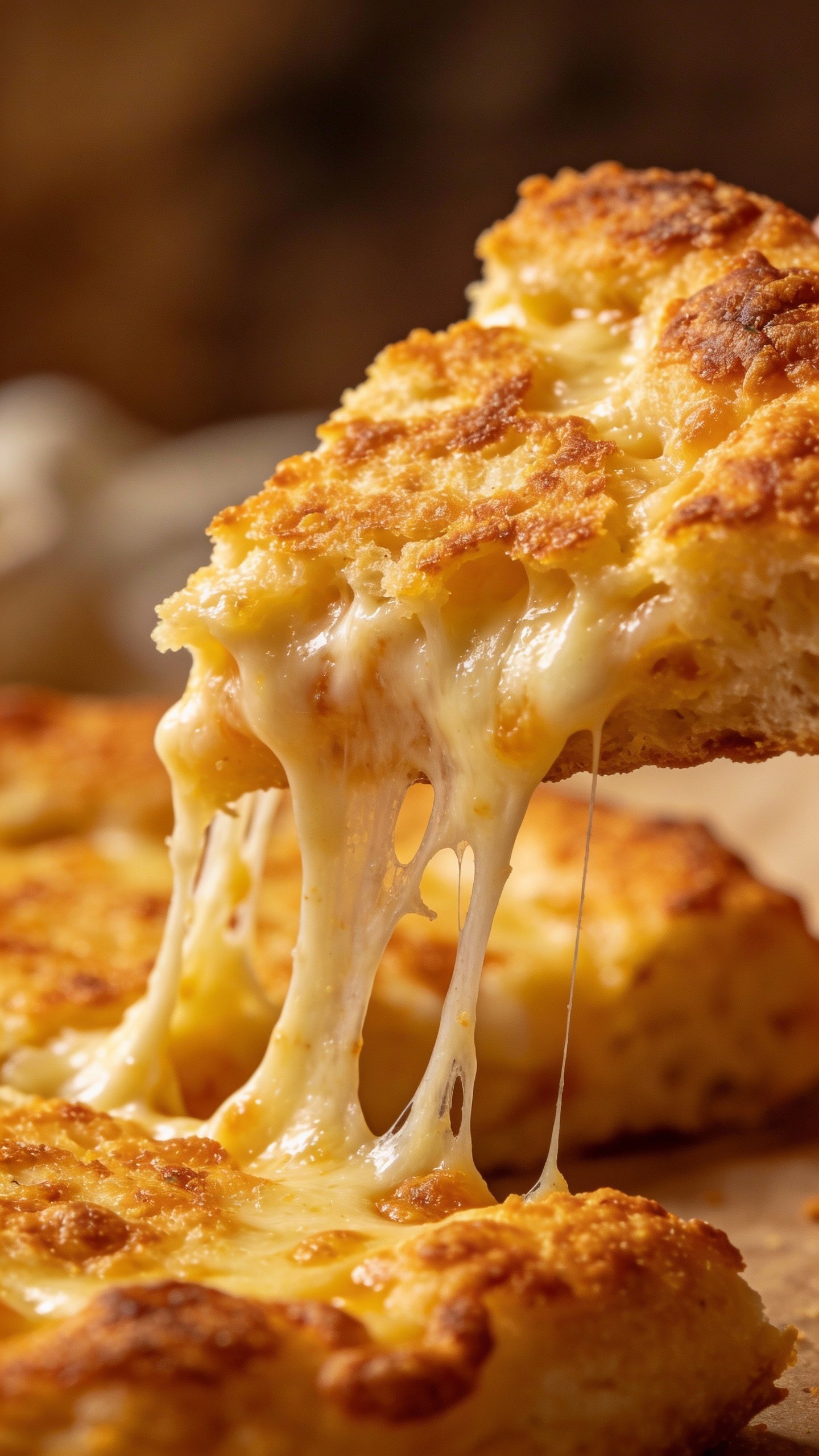 golden keto cheese bread edge with stretchy cheese pull