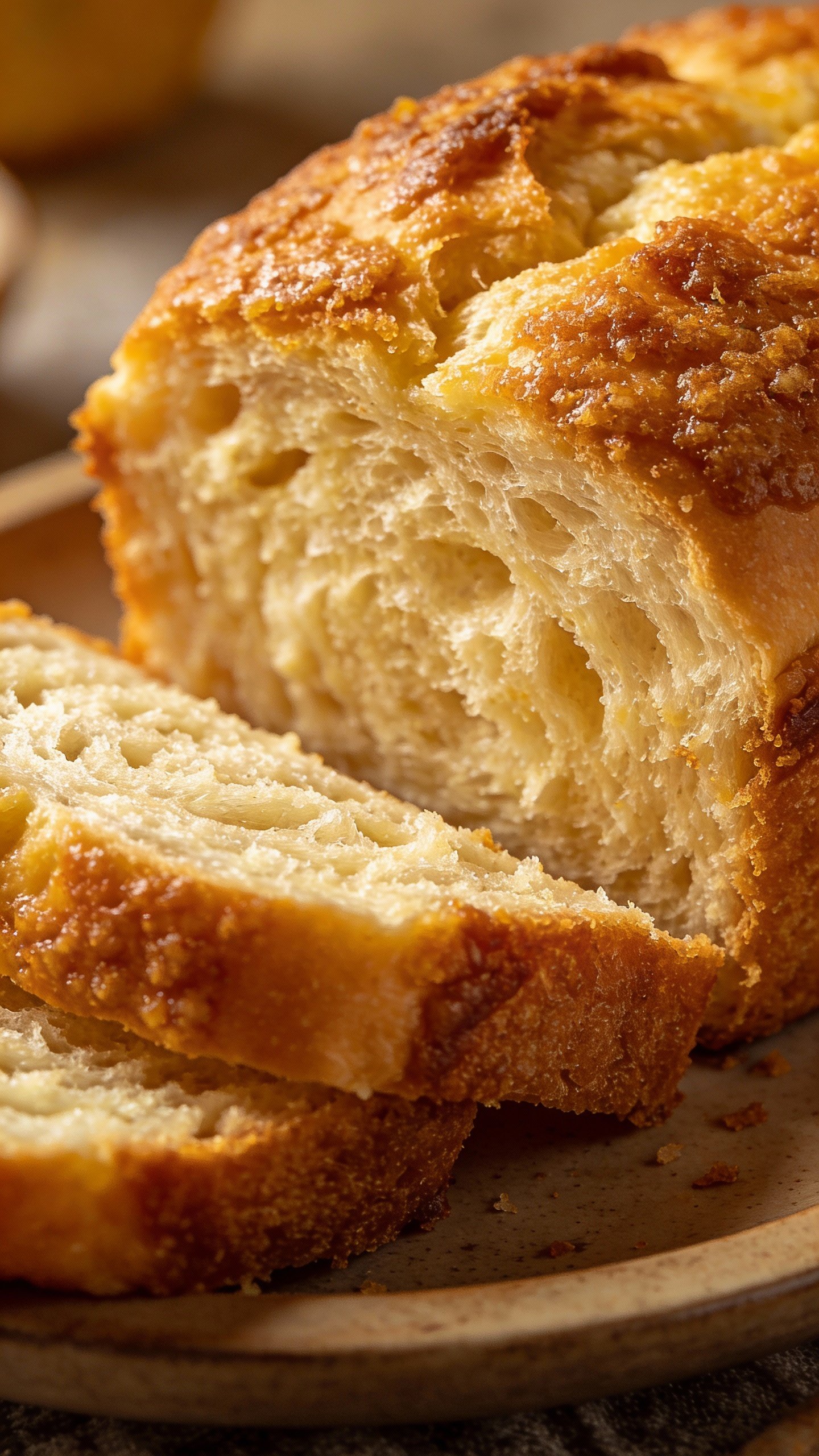 closeup of sliced keto Hawaiian sweet bread loaf, golden crust