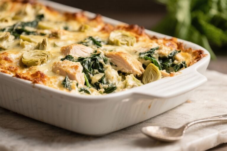 Low-Carb Chicken Spinach Artichoke Casserole – Creamy, Comforting, and Easy