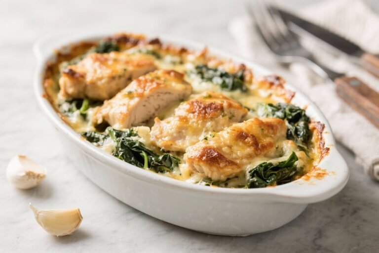 Cheesy Garlic Chicken & Spinach Bake – Comforting, Creamy, and Easy