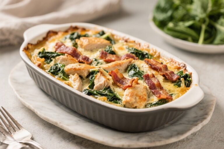 Low-Carb Chicken Bacon Spinach Casserole – Creamy, Comforting, and Easy