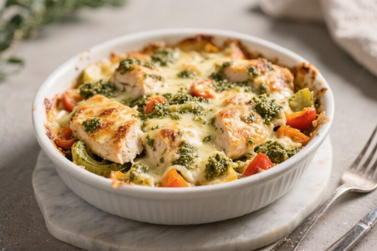 Cheesy Pesto Chicken & Veggie Bake – Easy, Comforting, and Full of Flavor
