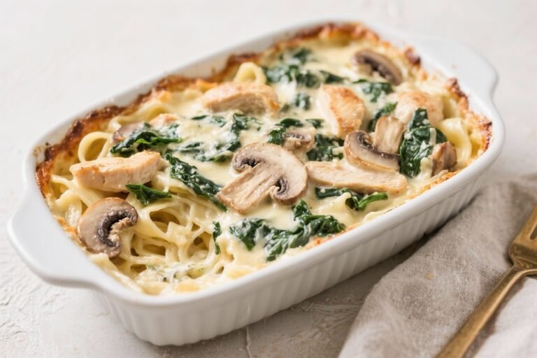 Spinach Mushroom Chicken Alfredo Casserole – Creamy, Comforting, and Easy
