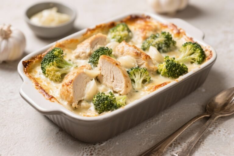 Creamy Garlic Chicken & Broccoli Casserole – Cozy, Comforting, and Weeknight-Friendly