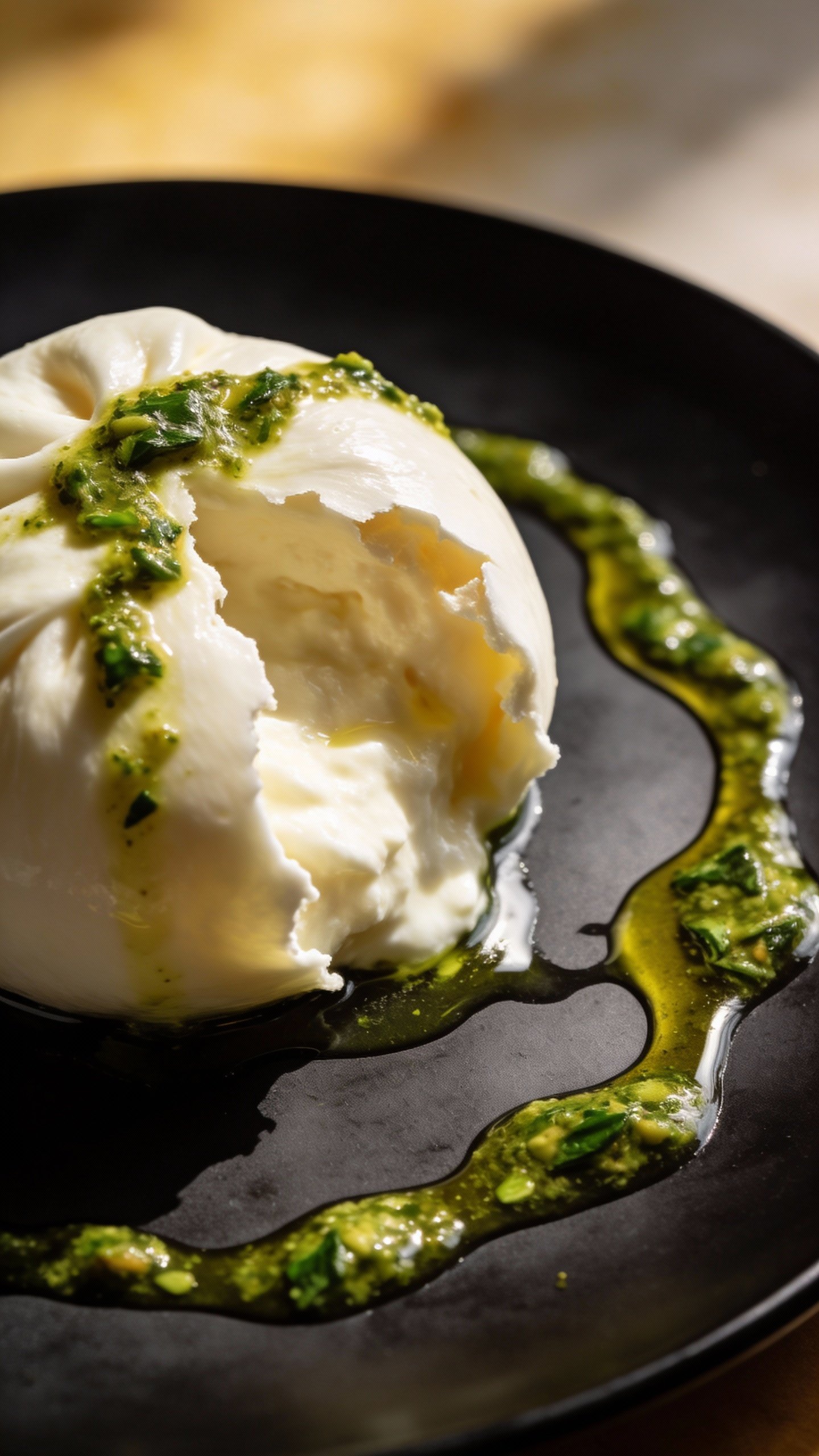 closeup burrata with basil pesto drizzle on matte black plate