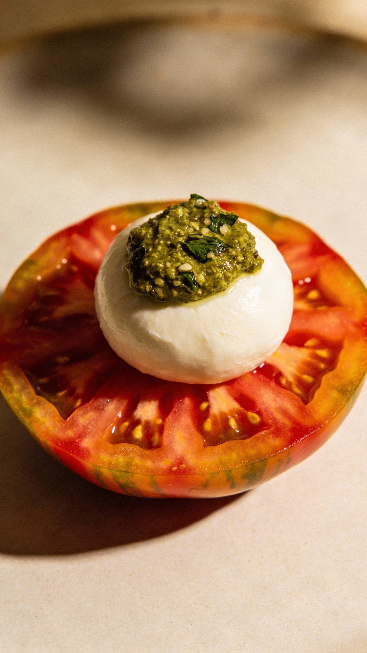 single heirloom tomato slice topped with fresh mozzarella and pesto