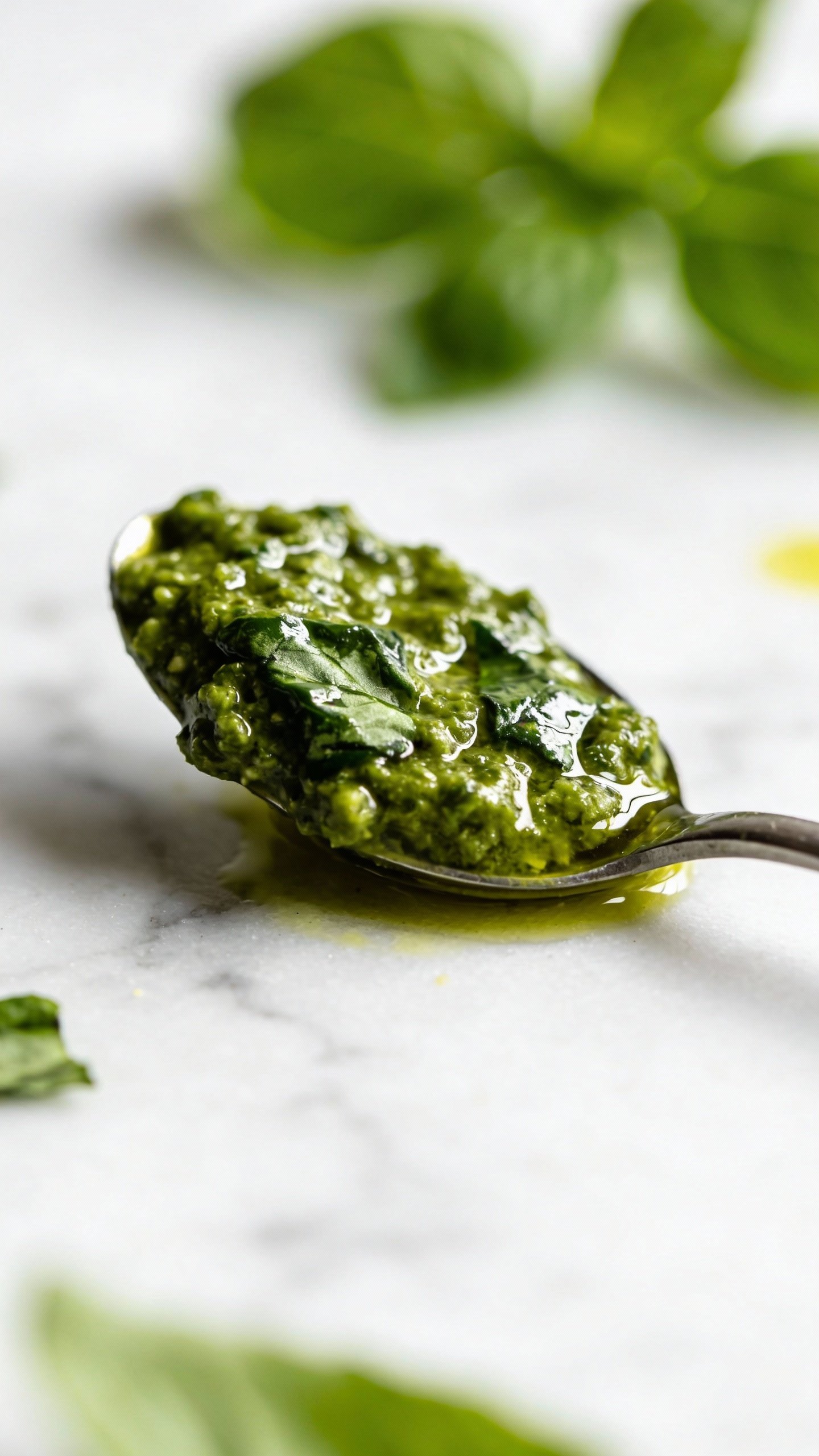 spoonful of glossy basil pesto over white marble backdrop