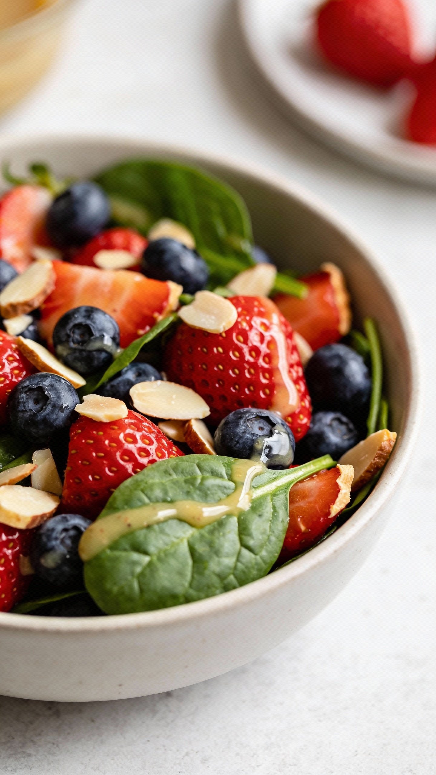 closeup bowl of berry almond spinach keto salad
